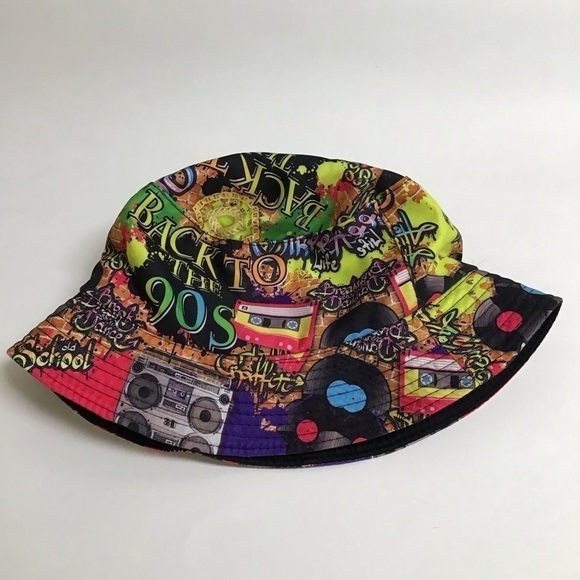 REVERSIBLE Back To The 90s Bucket Hat Graffiti Music Hip Hop Break Dance OSFM - Picture 7 of 10